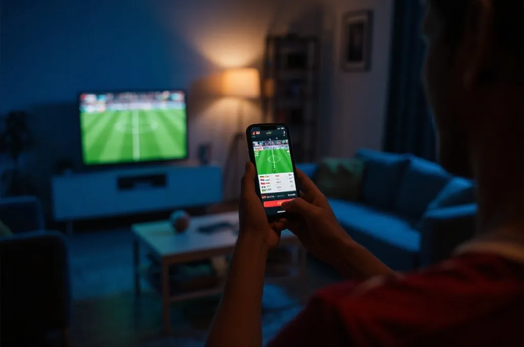 球迷通过手机查看直播赛程，夜晚客厅氛围