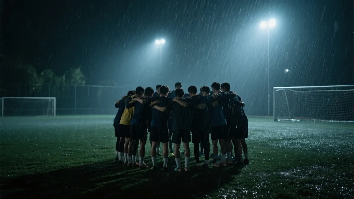 小国球队在雨夜训练与团结庆祝的画面