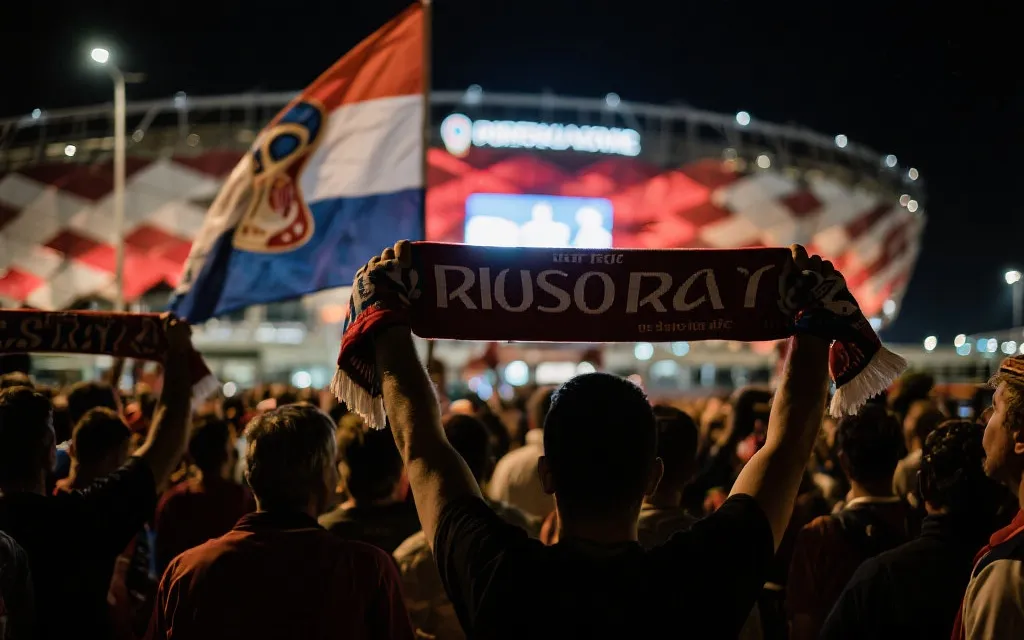 世界杯赛场夜色中，球迷举起围巾与国旗的电影感画面