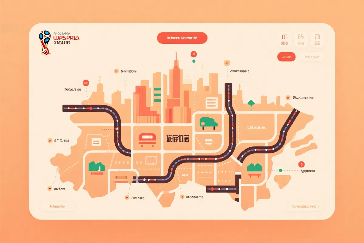 世界杯城市住宿规划示意：地铁线、球场与住宿区域关系图