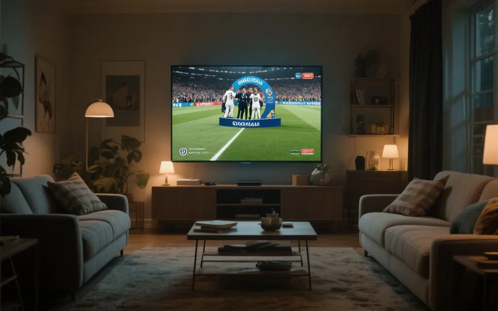 电视与手机屏幕前的观众在客厅观看足球决赛，画面清晰、氛围紧张