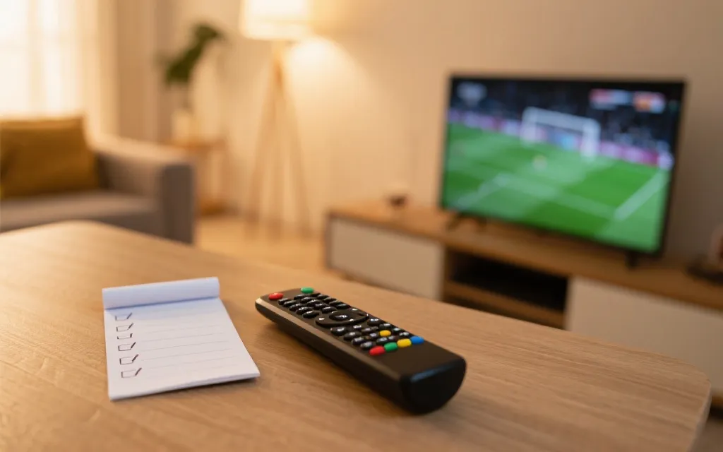 客厅电视播放足球比赛的高清画面，旁边放着遥控器与记事清单，氛围温暖
